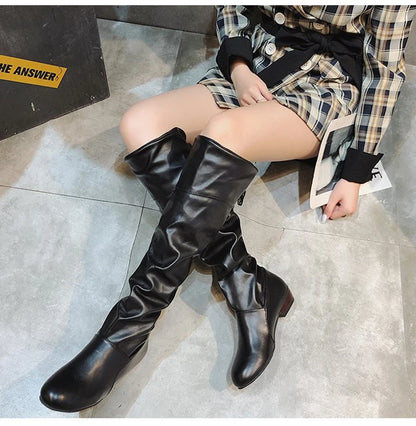 2023 Women’s Knee-High Leather Boots – Red, Black & White Pleated Tall Boots with Low Heel for Casual Streetwear