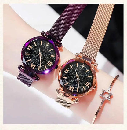 Women's Starry Sky Watch with Magnet Buckle Mesh Belt and Diamond Accents - BON's