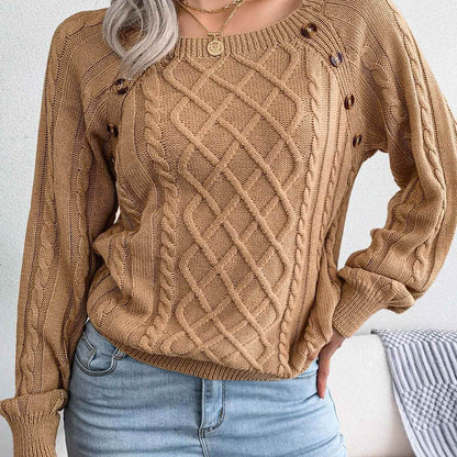 Texture Button Women Round Neck Lantern Sleeve Sweater - Stylish Design - BON's