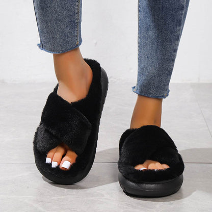 Women's Fuzzy Slippers - Platform Open Toe Criss Cross Casual Home Slides for Ultimate Comfort - BON's