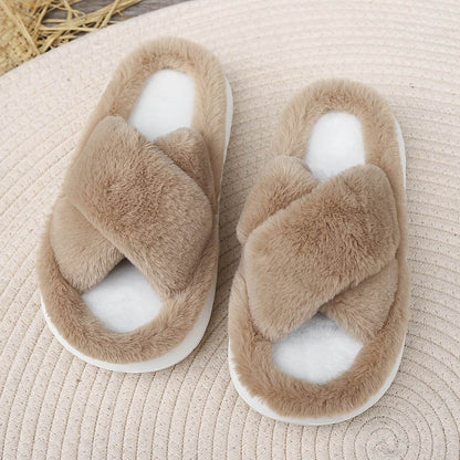 Women's Fuzzy Slippers - Platform Open Toe Criss Cross Casual Home Slides for Ultimate Comfort - BON's