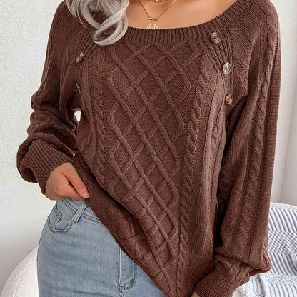 Texture Button Women Round Neck Lantern Sleeve Sweater - Stylish Design - BON's