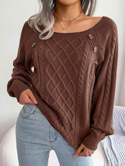 Texture Button Women Round Neck Lantern Sleeve Sweater - Stylish Design - BON's