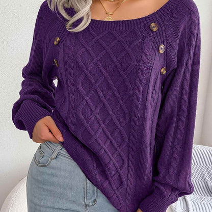Texture Button Women Round Neck Lantern Sleeve Sweater - Stylish Design - BON's