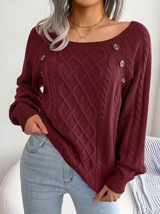 Texture Button Women Round Neck Lantern Sleeve Sweater - Stylish Design - BON's